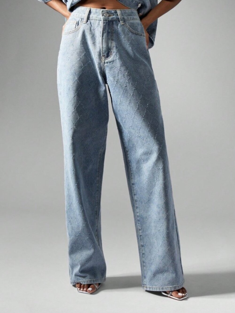 Light Blue Denim Jeans with Textured Diamond Pattern